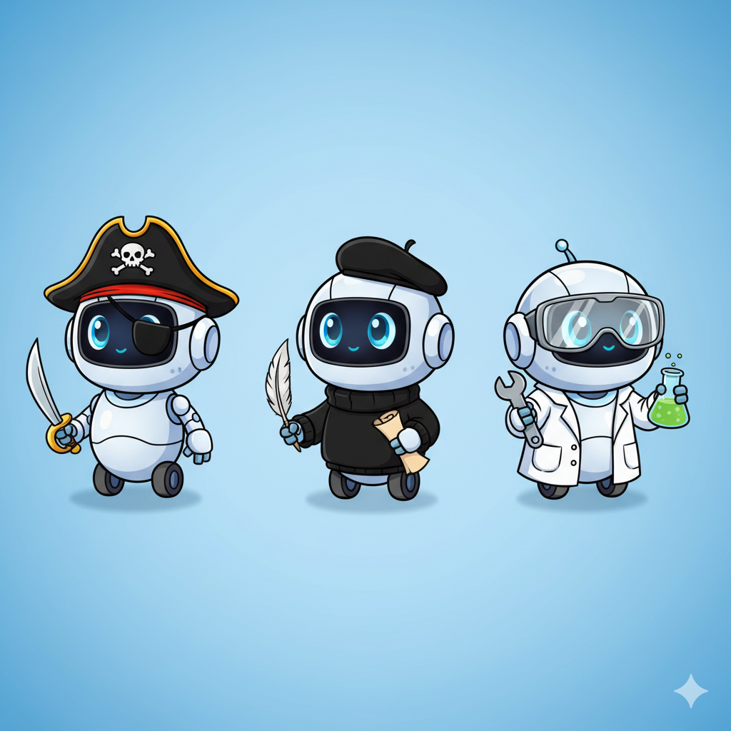 Illustration d'un robot en pirate, poète et scientifique