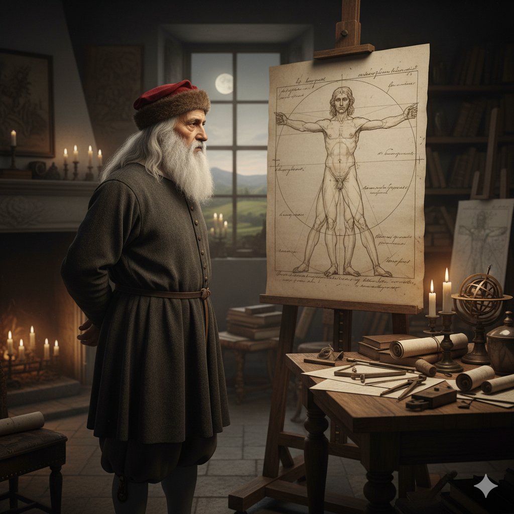 Léonard de Vinci contemplant l'Homme de Vitruve