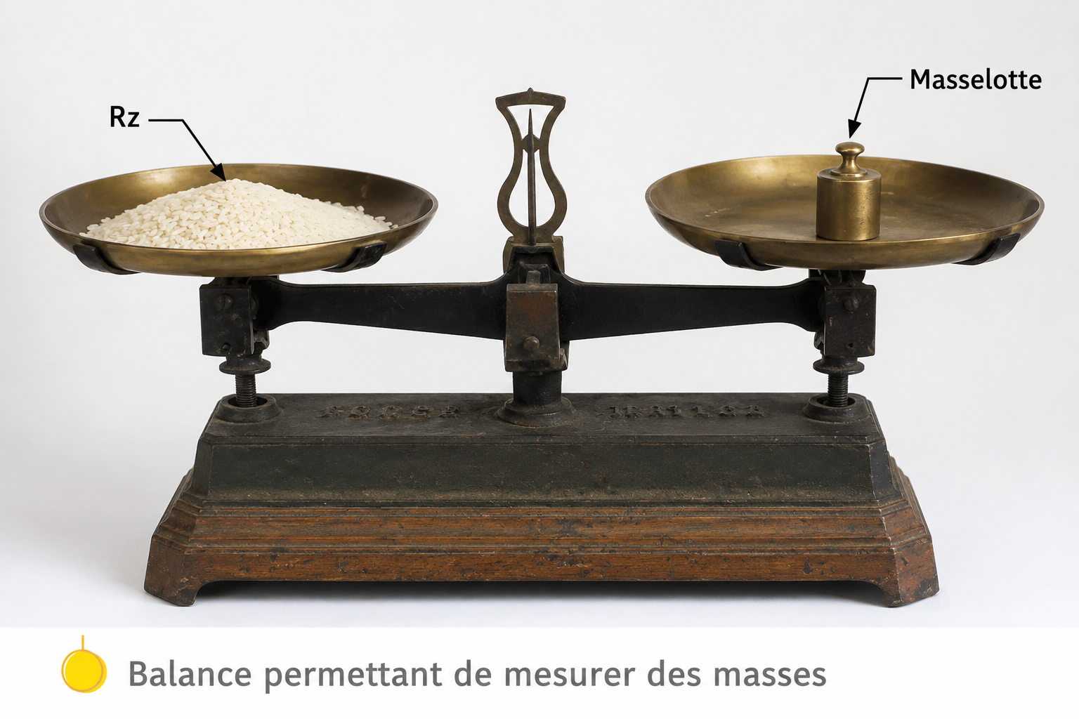Balance Roberval avec paquet de riz et masselotte de 100g