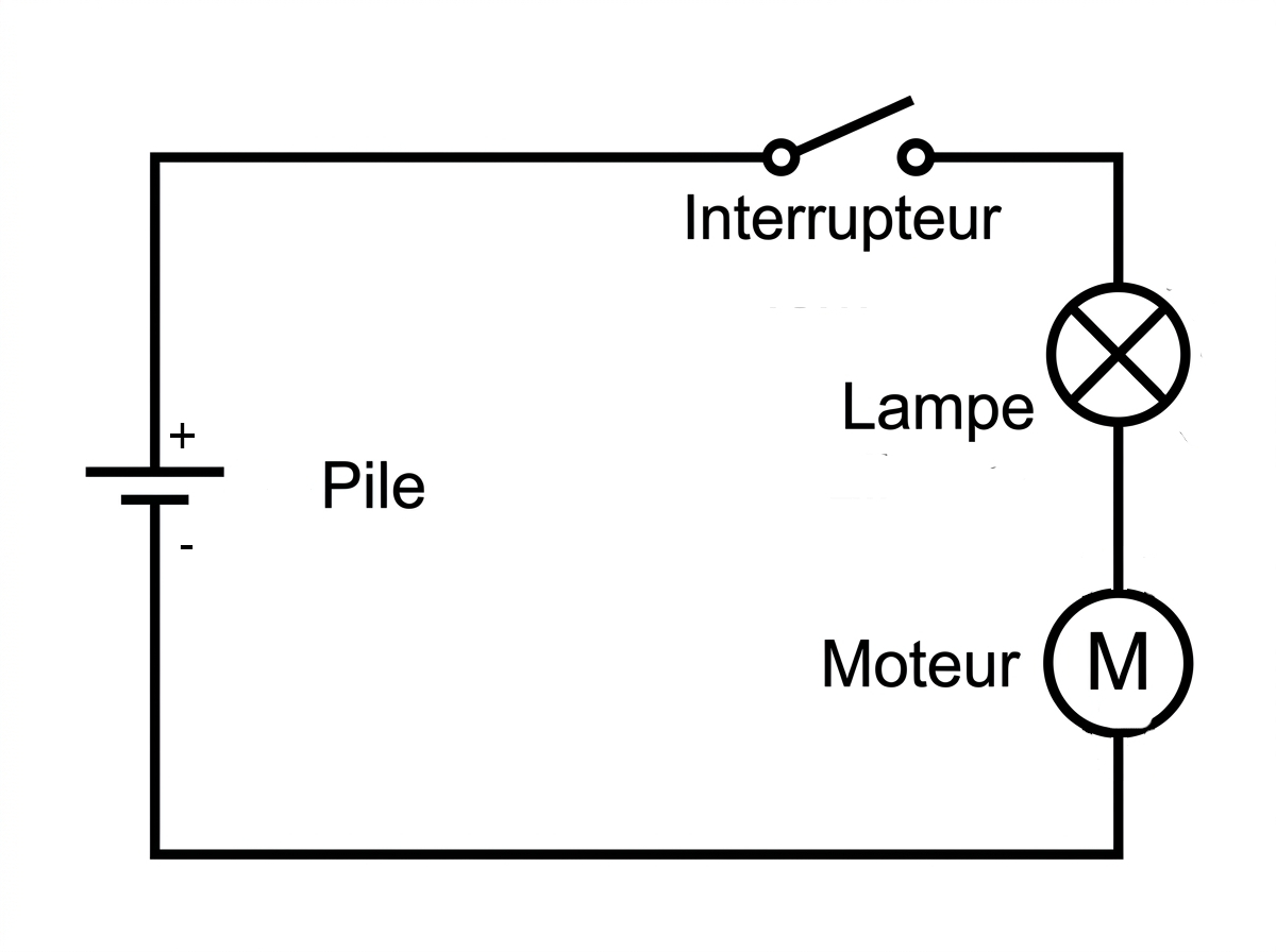 Schéma normalisé : pile, interrupteur fermé, lampe et moteur en série