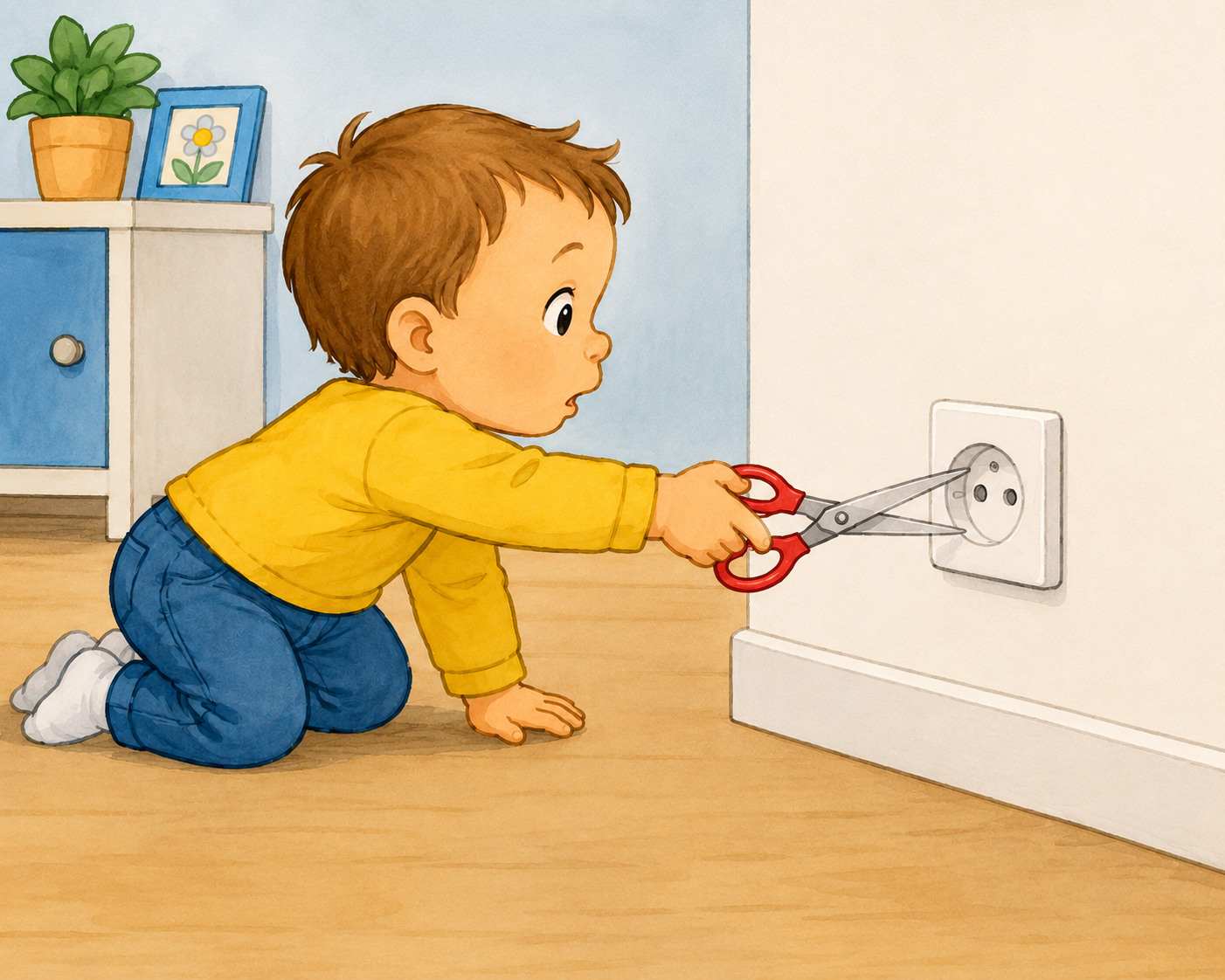Enfant insérant un objet métallique dans une prise électrique