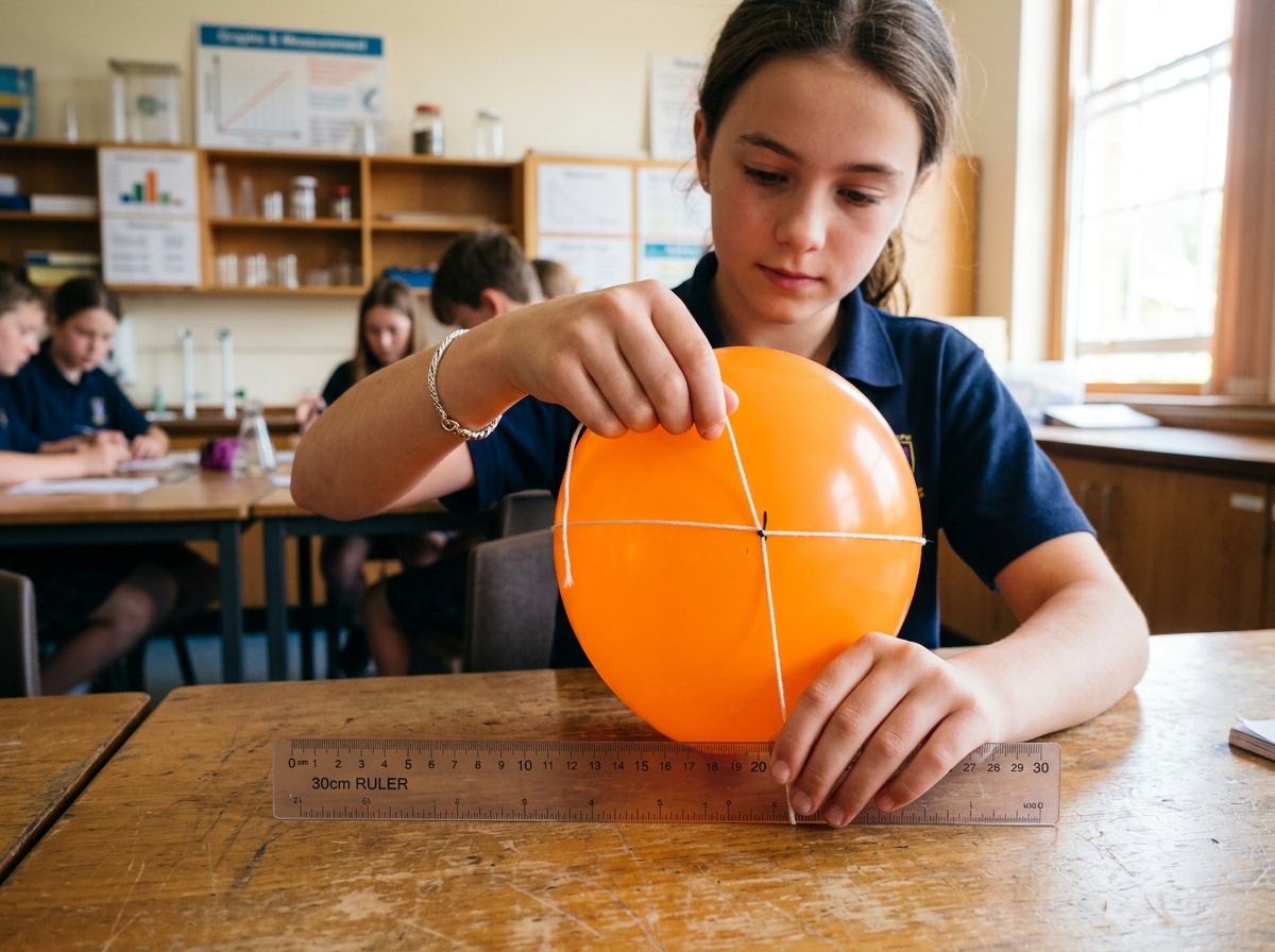 Mesure du tour du ballon avec une ficelle et une règle