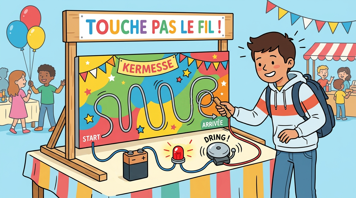 Un élève joue au jeu Touche pas le fil à la kermesse