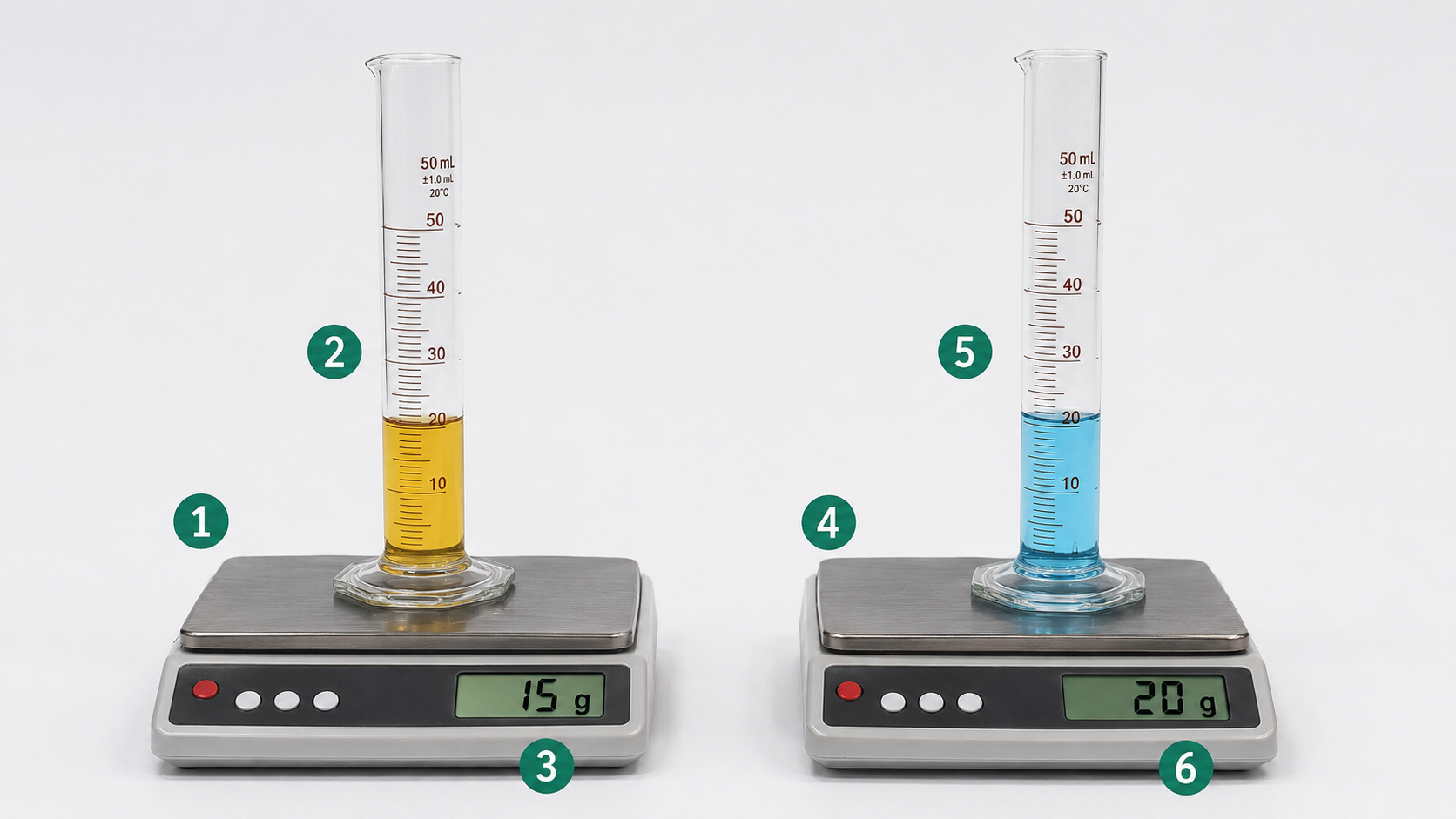 Pesée de 20 mL d'huile et de 20 mL d'eau sur la balance