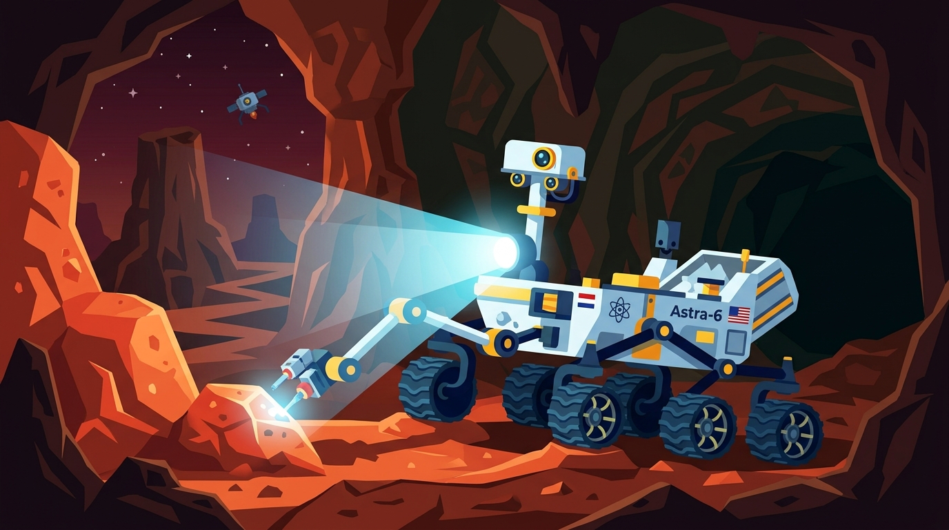 Rover Astra-6 sur Mars explorant une grotte