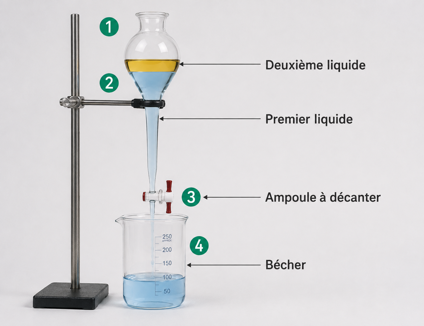 Décantation d'un mélange eau-huile dans une ampoule à décanter